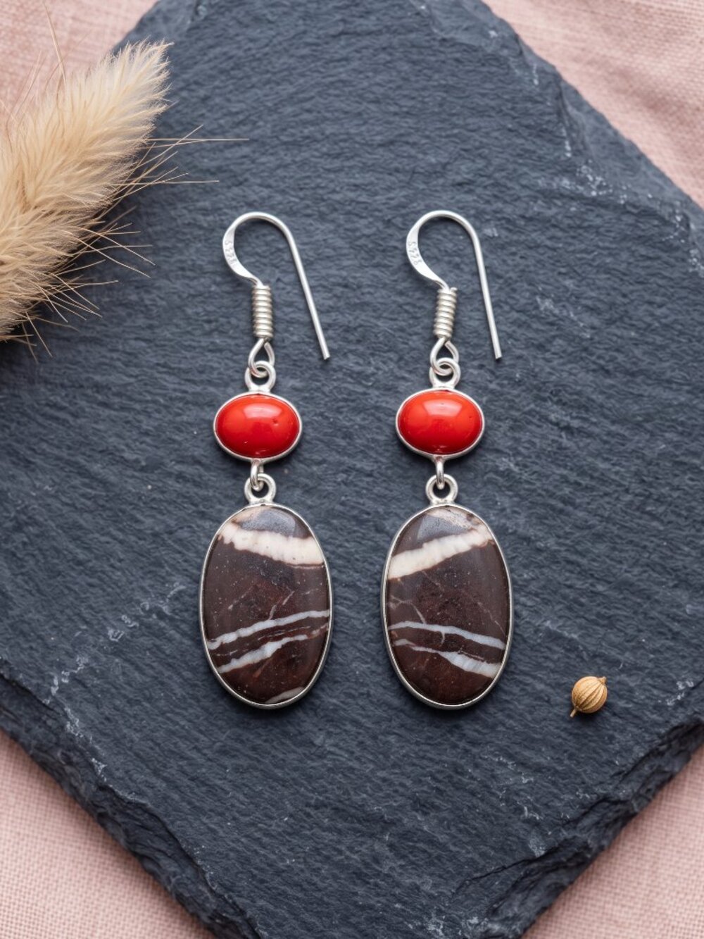 Coconut Jasper Red Coral Drop Earrings 925 Sterling Silver Bohemian Brown 2.1"
